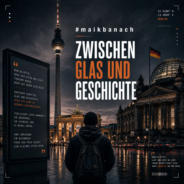 Eine Person steht vor dem Brandenburger Tor und dem Reichstagsgeb&auml;ude bei Nacht, mit beleuchteten Geb&auml;uden und einer deutschen Flagge im Hintergrund. Text mit dem Titel "Zwischen Glas und Geschichte" ist sichtbar.