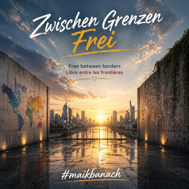 St&auml;dtische Skyline bei Sonnenuntergang mit reflektierendem Wasser auf der Stra&szlig;e, umgeben von hohen W&auml;nden mit Weltkarten-Graffiti. Text oben und unten im Bild.