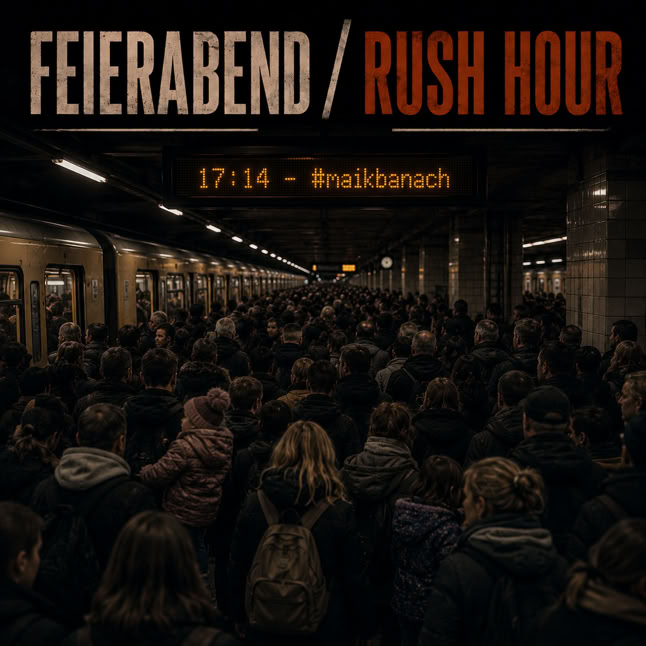 Eine &uuml;berf&uuml;llte U-Bahn-Station mit vielen Menschen, die auf den Zug warten. Oben steht "Feierabend / Rush Hour" und "17:14 - #maikbanach".