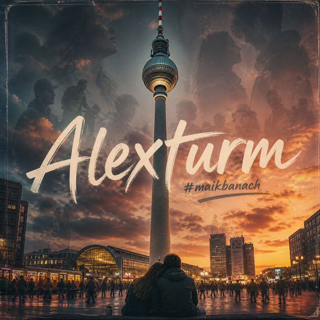 Sonnenuntergang &uuml;ber einer Stadt mit einem hohen Turm in der Mitte, umgeben von Geb&auml;uden. Im Vordergrund sitzen zwei Personen. Der Schriftzug "Alexturm" ist prominent im Bild.