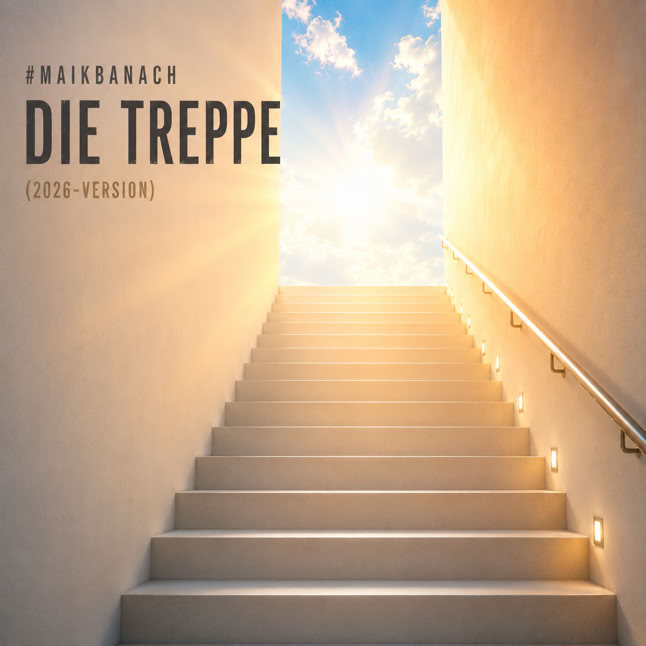 Eine Treppe f&uuml;hrt nach oben zu einem hellen Himmel mit Sonnenstrahlen, links steht der Text "DIE TREPPE".