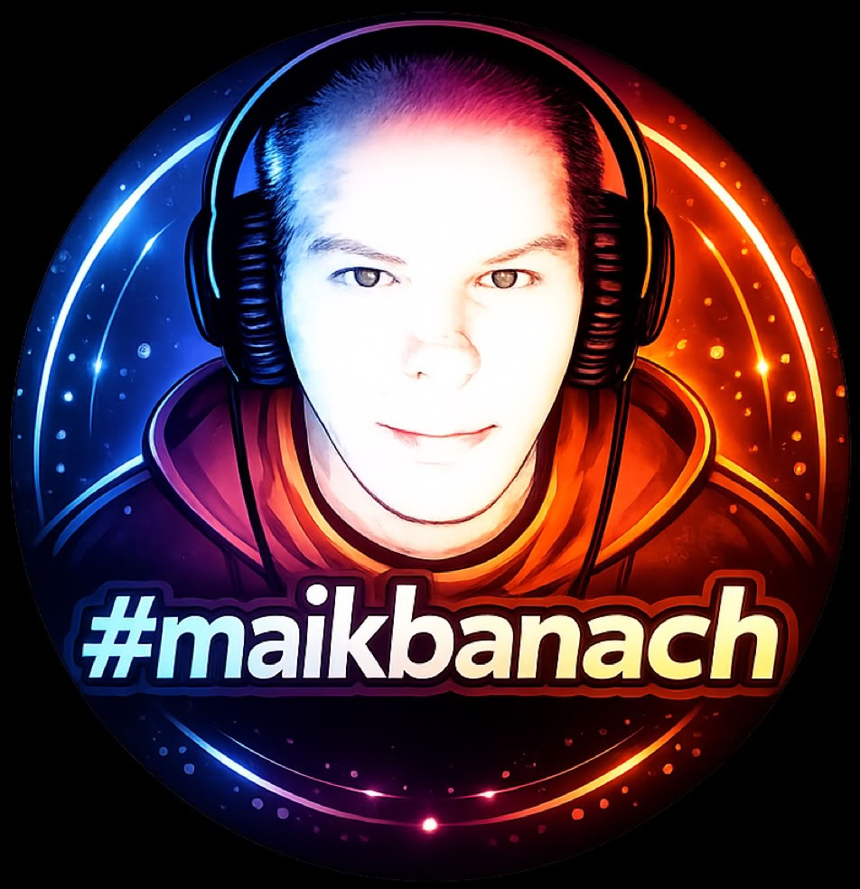Ein stilisiertes Portr&auml;t einer Person mit Kopfh&ouml;rern, umgeben von einem leuchtenden Kreis in Blau und Orange, mit dem Text "#maikbanach" darunter.