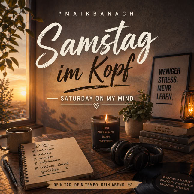 Gem&uuml;tliche Szene mit einem Tisch, auf dem eine Tasse Kaffee, ein Notizbuch, Kopfh&ouml;rer und eine Kerze stehen. Im Hintergrund ein Fenster mit Sonnenuntergang und ein Schild mit der Aufschrift "Weniger Stress, mehr Leben".