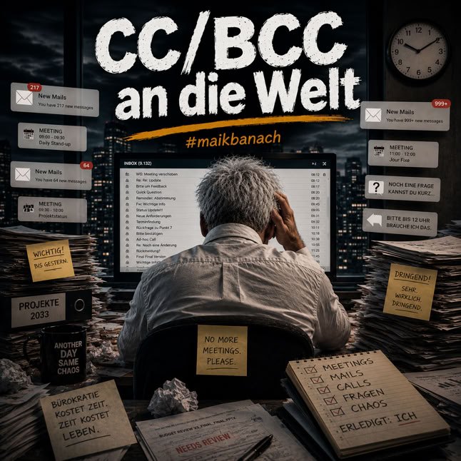 Ein Mann sitzt vor einem Computerbildschirm, umgeben von Papierstapeln und Notizen. Auf dem Bildschirm sind E-Mails zu sehen. Oben steht der Text "CC/BCC an die Welt".