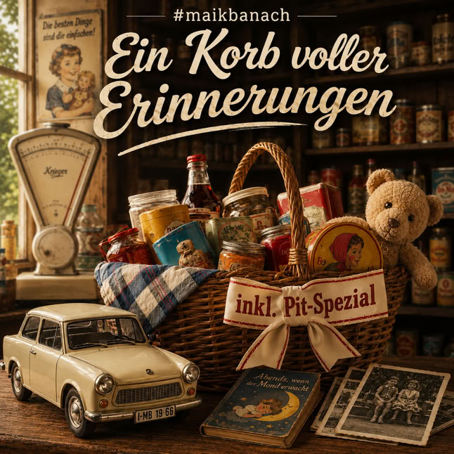Ein Korb mit verschiedenen Gegenst&auml;nden wie einem Teddyb&auml;r, B&uuml;chern und einem Modellauto, im Hintergrund Regale mit Gl&auml;sern und einer alten Waage. Text: "Ein Korb voller Erinnerungen".
