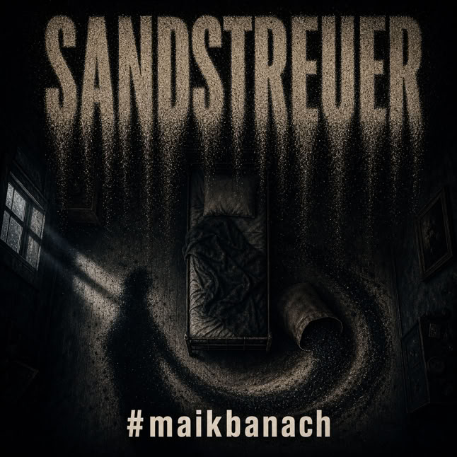 Ein dunkler Raum mit einem Bett in der Mitte, einem Fenster links und einer Schattenfigur. Oben steht "SANDSTREUER" und unten "#maikbanach".
