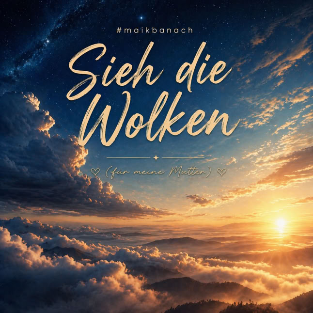 Wolkenlandschaft bei Sonnenuntergang mit dem Text "Sieh die Wolken".